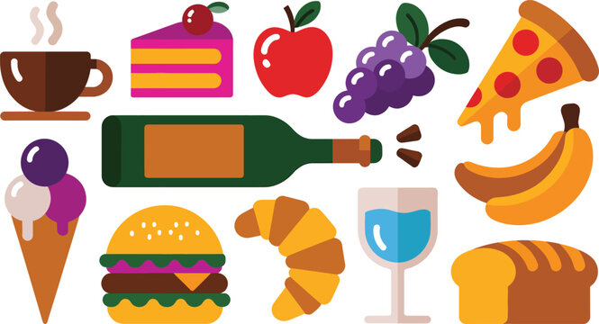 Colorful Flat Style Food and Drink Icons Set Coffee Cake Apple Grapes Pizza Banana Burger Croissant Wine Glass