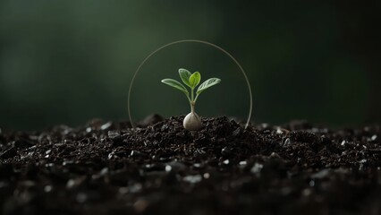 Young seedling sprouting from dark soil with blurred green background