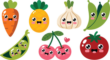 Cute Cartoon Fruits Vegetables Set Pineapple Carrot Tomato Garlic Peas Cherries Kawaii Style Illustration