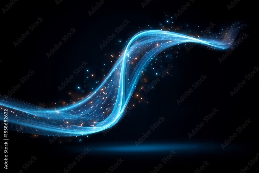 Poster elegant blue wave burst with glittering particles, abstract light stream and luminous ripples effect