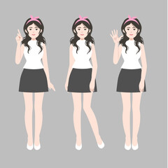 cute girl with her dark curly hair in short skirt and white top. flat vector, illustration design. 