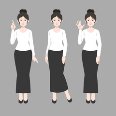 beautiful woman in long dress and white top with various posture. flat vector, illustration design.