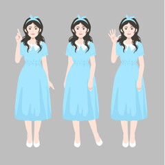 cute girl with her dark curly hair in light blue dress by various posture. flat vector, illustration design.