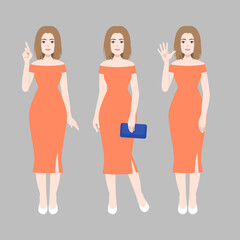 beautiful woman in orange dress with various posture, vector, illustration design. 
