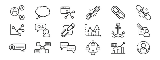 Naklejka premium Flat outline icon set of SEO strategy, link building, digital marketing, social media communication, profile optimization, Icons Set of Digital Communication, Networking, SEO, and Link Sharing