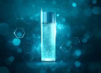 On a futuristic hexagonal backdrop, a sleek serum bottle in silver and blue hues sits, conveying a sense of advanced technology and innovation