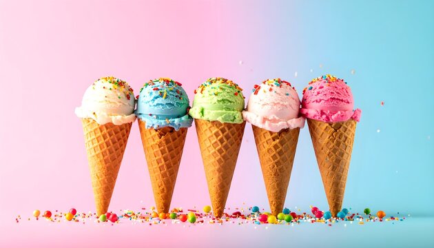 Playful ice cream cones topped with colorful sprinkles set against vibrant pastel background, creating a fun and cheerful atmosphere perfect for a sweet treat moment