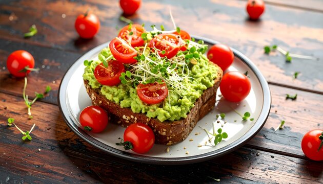 Gourmet avocado toast with cherry tomatoes and microgreens on rustic wooden table, bathed in soft morning light creating an inviting and cozy breakfast atmosphere
