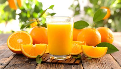 Refreshing glass of freshly squeezed orange juice with condensation drops, set in bright summer atmosphere with natural sunlight highlighting vibrant citrus colors