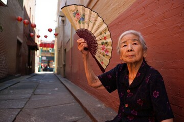 Elderly Asian woman gracefully holding a decorative fan while seated in a narrow alleyway adorned with traditional lanterns, showcasing cultural heritage and vibrant community life