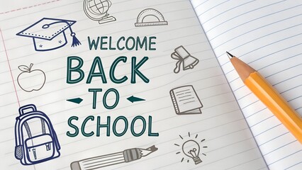 School concept icons and welcome back to school text against white lined paper.