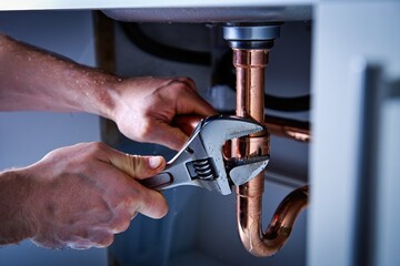 Skilled plumber using adjustable wrench to tighten copper pipe under kitchen sink, showcasing plumbing techniques and tools in a well-lit environment with focus on craftsmanship and precision