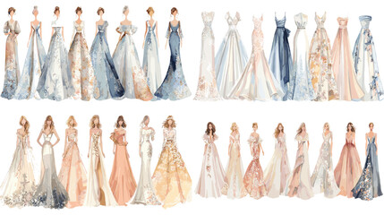 Watercolor fashion illustration of elegant long dresses and evening gowns, perfect for fashion design, bridal catalogs, or haute couture style guides.


