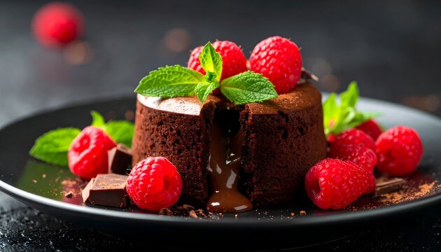 Decadent chocolate lava cake with melting center, rich glossy texture, garnished with fresh raspberries and mint leaves under moody lighting creating an indulgent dessert atmosphere