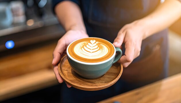 Freshly brewed cappuccino with intricate latte art in ceramic cup, set in cozy coffee shop with warm lighting and relaxing ambiance perfect for enjoying a peaceful coffee moment