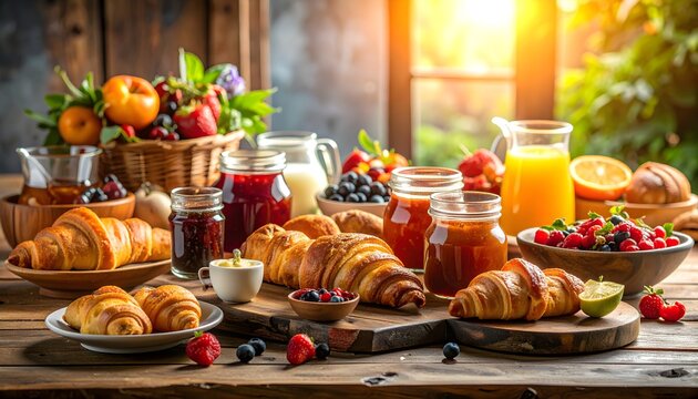Rustic breakfast with fresh croissants, assorted jam jars, colorful fruits and herbal tea in warm morning light, creating a cozy countryside atmosphere full of comfort and charm