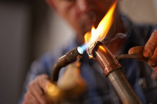 Skilled technician using a blowtorch to solder copper pipes in a workshop, showcasing the intricate process of metalworking and the vibrant flames illuminating the workspace