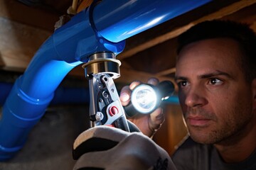 Male plumber using adjustable wrench to fix blue plumbing pipe under a sink, illuminated by flashlight, showcasing detailed craftsmanship and focus on repair work in a dimly lit environment
