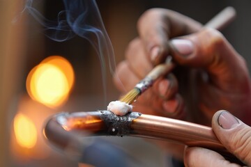 Skilled technician applying flux to copper pipe with brush, demonstrating soldering technique in workshop, with warm glow of flames in background enhancing the craftsmanship atmosphere