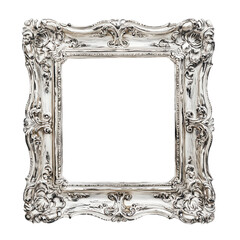 Ornate Silver Antique Picture Frame Baroque Style Design Elegant Silver Frame Isolated on a transparent background