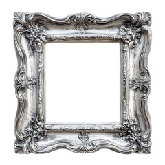 Ornate Silver Baroque Style Picture Frame Square Empty Antique Silver Frame Isolated on a transparent background