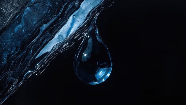 Close-up water droplet falling from icy blue surface in dark backgroun