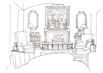 Black and white sketch of a traditional style lounge with fireplace.