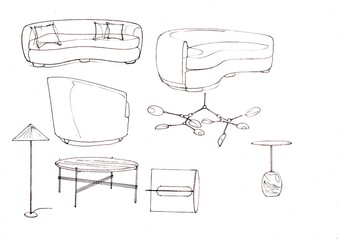 Black and white sketch of furniture.