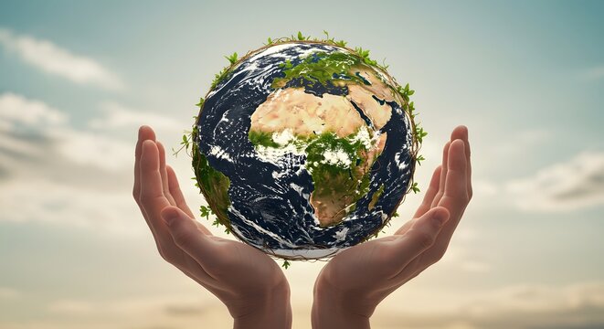 Human Hands Gently Cupping a Vibrant, Green Earth Globe Under a Serene Sky, Symbolizing Environmental Protection and Sustainability