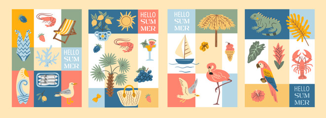 Colorful coastal summer card featuring variety of beach-themed elements: parrots, flamingos, seafood, tropical plants, sun, waves, sailboat, palm trees, fruits. Perfect for vacation, travel projects.