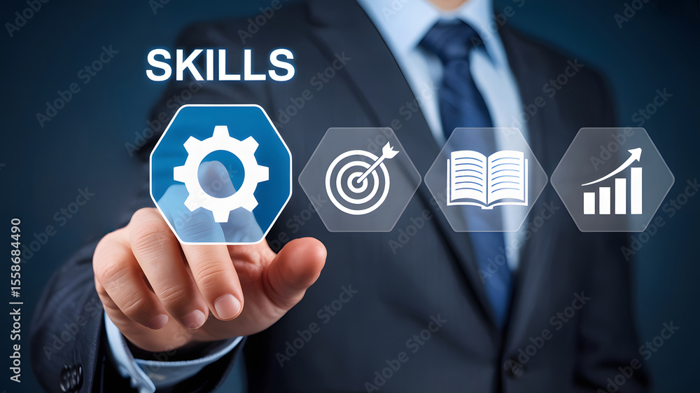 Poster businessman touches a skills interface with cog, target, book, and graph symbols representing learni