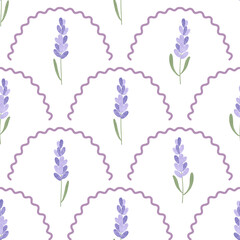 Subtle lavender seamless pattern. Scallop fan shaped geometrical herbal ornament. Art nouveau stylized hand drawn small lavander flowers and arches on white background. Repeat allover backdrop
