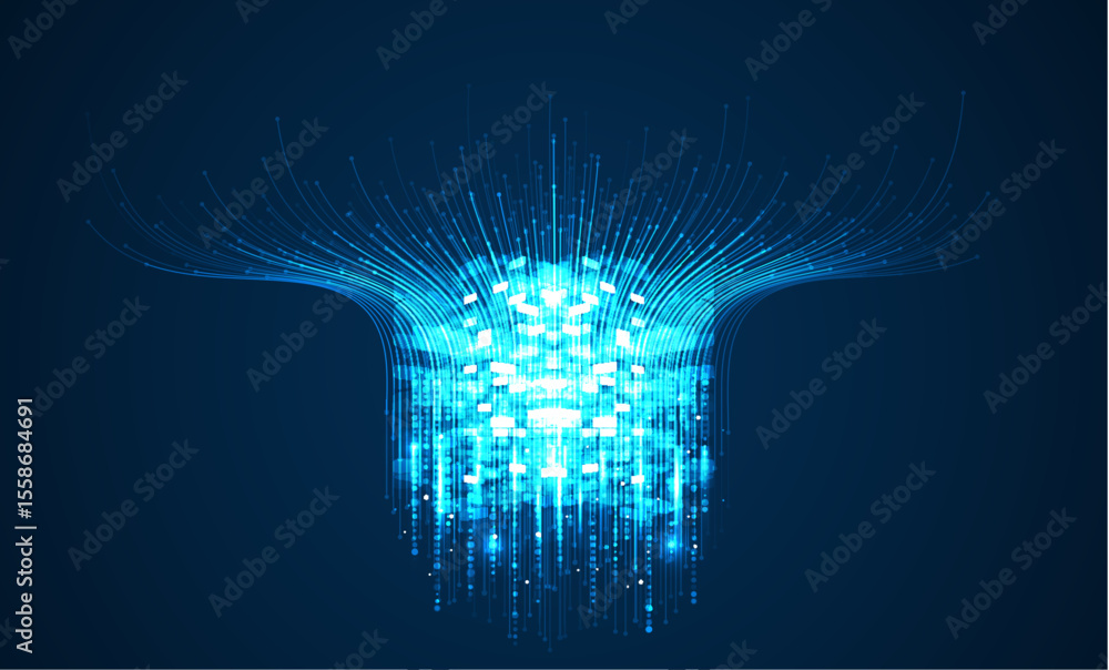 Poster abstract vector of glowing blue neural data stream with radial lines on dark background, ideal for a
