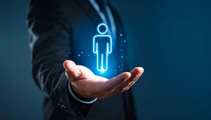 Neon glowing location-based icons hovering above hands