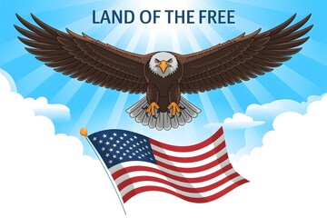 Fototapeta premium American bald eagle soaring in a bright sky with a flag below, land of the free
