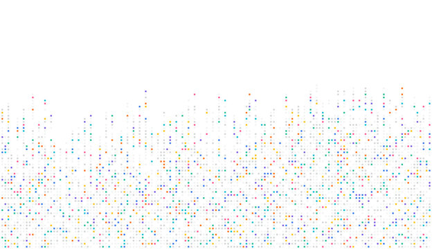 Abstract vector of colorful data pixel scatter on white background, ideal for big data visualization, AI learning flow, tech analytics, and digital information distribution design.