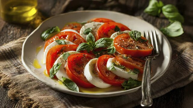 Fresh Caprese Salad with Tomatoes, Mozzarella, Basil, and Olive Oil on Rustic Table