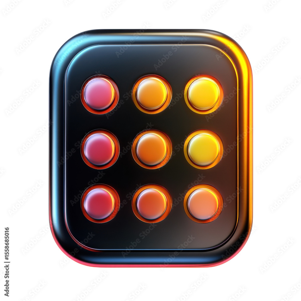 Poster glossy black app menu icon with colorful circular options ui design on transparent background