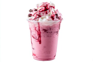 It contains a pink berry milkshake in a plastic cup and is topped with whipped cream. Generative AI
