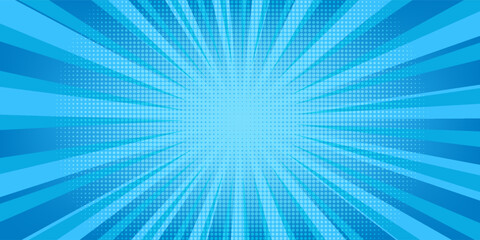 Comic background. Pop art texture. Starburst cartoon style. Anime design with explosion effect for print. Fun dot pattern. Blue backdrop with halftone gradient. Funny line frame. Vector illustration