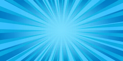 Fotobehang Pop Art Comic background. Pop art texture. Starburst cartoon style. Anime design with explosion effect for print. Fun dot pattern. Blue backdrop with halftone gradient. Funny line frame. Vector illustration  © M