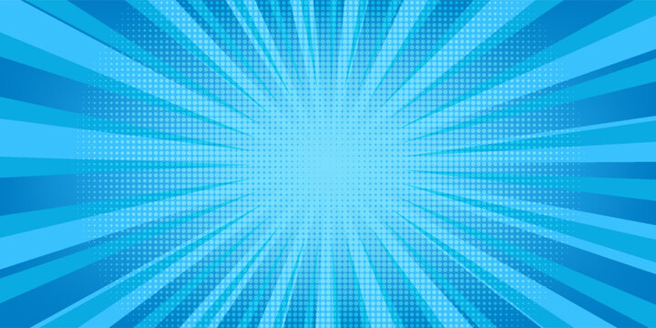 Fototapeta Comic background. Pop art texture. Starburst cartoon style. Anime design with explosion effect for print. Fun dot pattern. Blue backdrop with halftone gradient. Funny line frame. Vector illustration