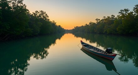 Tranquil river at sunrise/sunset with traditional wooden boat, reflecting golden sky and lush mangrove forest.