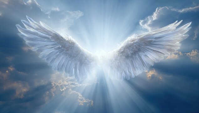 Angel wings. Their wings shine with an ethereal light against the blue sky. The angelic figure is surrounded by soft rays that create a halo around it. A symbol of divine love and heavenly peace.