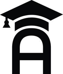 Stylized educational typography featuring lowercase and uppercase letters topped with academic graduation caps, symbolizing modern learning and creative academic design, letter a education hat