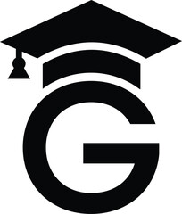Stylized educational typography featuring lowercase and uppercase letters topped with academic graduation caps, symbolizing modern learning and creative academic design, letter g education hat