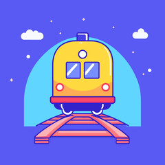 Fototapeta premium Cartoonish Yellow Train on Tracks with Blue Sky and Clouds.