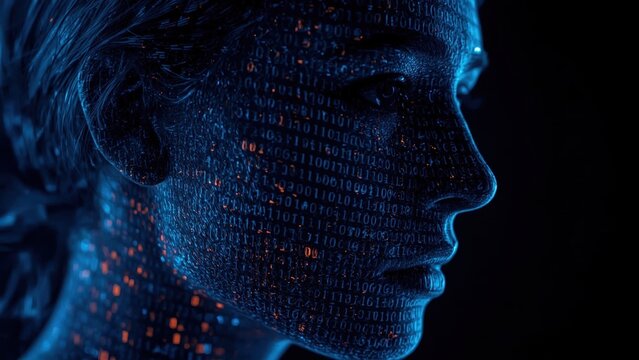 Profile of woman with digital binary code projection, futuristic, dark - Powered by Adobe
