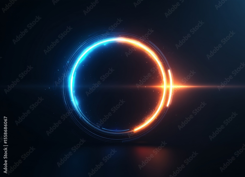 Aufkleber on a dark background, abstract digital art features glowing concentric circles in blue and orange, c