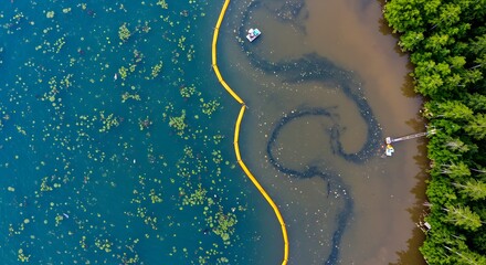 Aerial view of lake remediation project with floating boom, sediment removal, and lush forest shoreline.